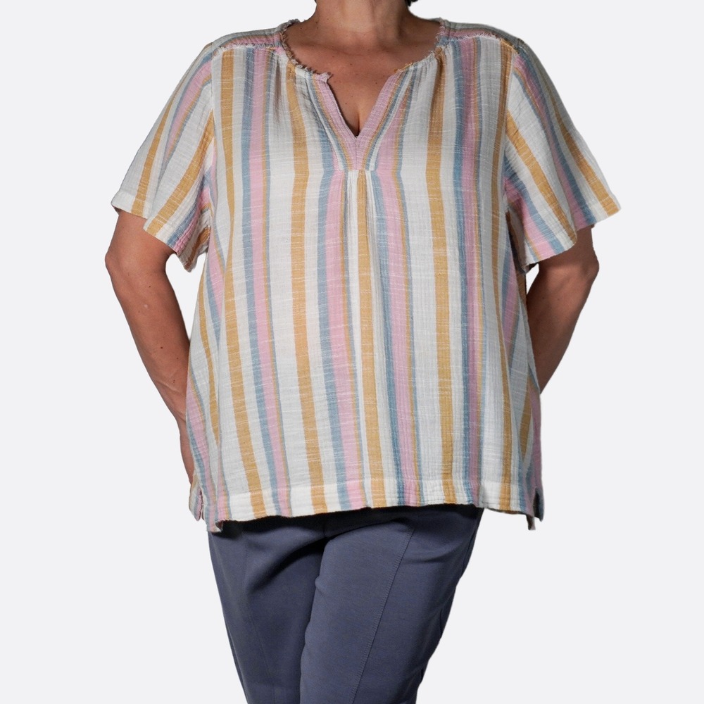 Caslon Striped 100% Cotton Gauze Blouse Multicolor 3X Pastel Split Neck Top